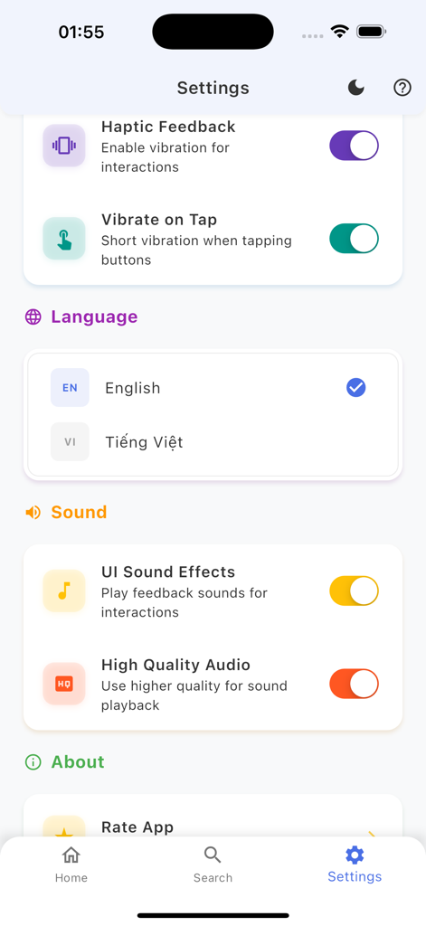 Troll Sounds - Settings menu for the Troll Sounds prank app showing audio and vibration options.