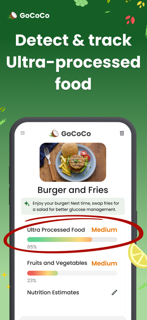 GoCoCo - Diabetes Food Tracker - GoCoCo app interface showing ultra processed food detection and meal analysis for a burger and fries