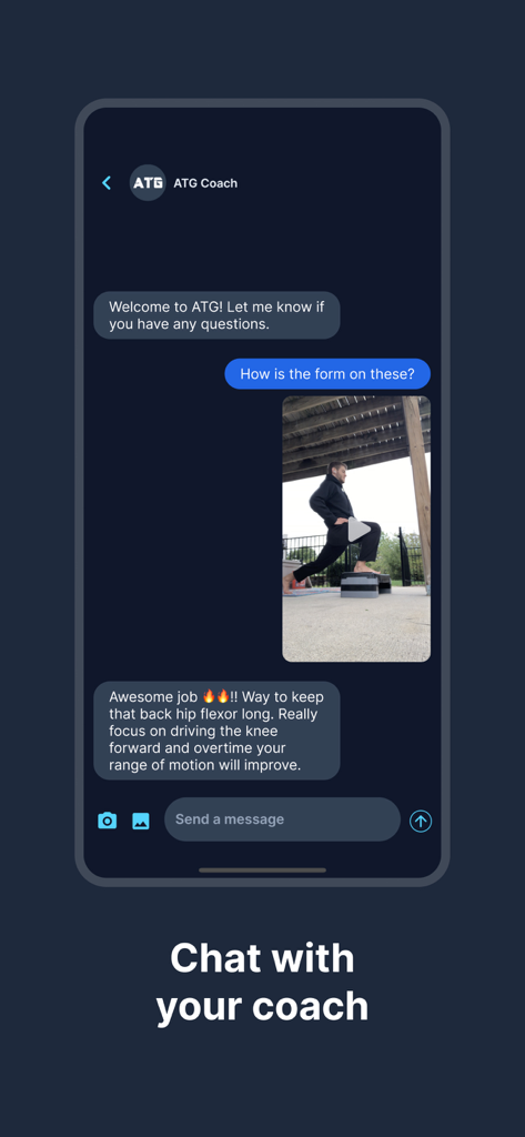 ATG Online Coaching - A chat interface in the ATG Online Coaching app showing a user receiving personal form feedback from a coach on a workout video.