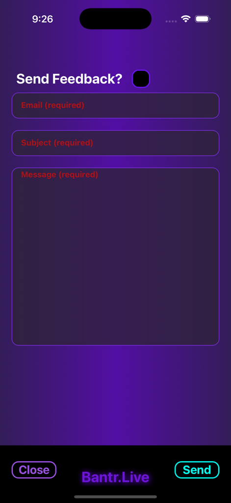 BÄNTR.LIVE - Modulo di feedback dell'app BÄNTR.LIVE che mostra campi per email, oggetto e messaggio su uno sfondo viola scuro.