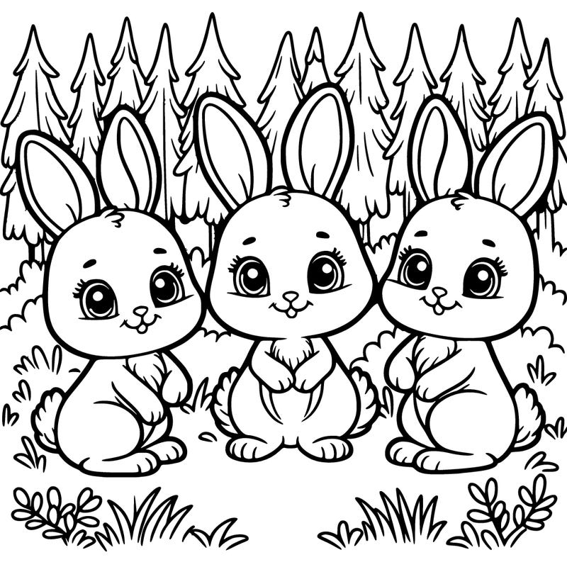 3 rabbits with big eyes, on a meadow in the forest