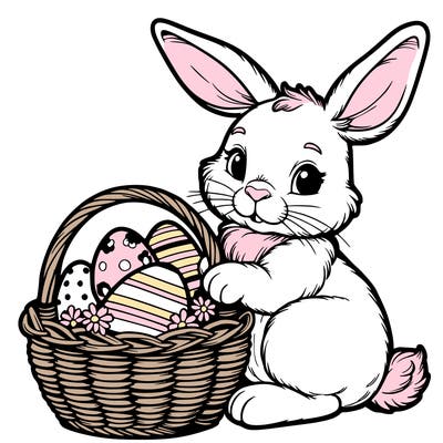 easter bunny with a basket with eggs realistic
