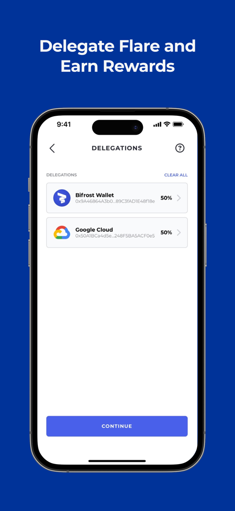Bifrost Wallet interface showing Flare network delegation to earn rewards with 50 percent allocation to Google Cloud and Bifrost Wallet
