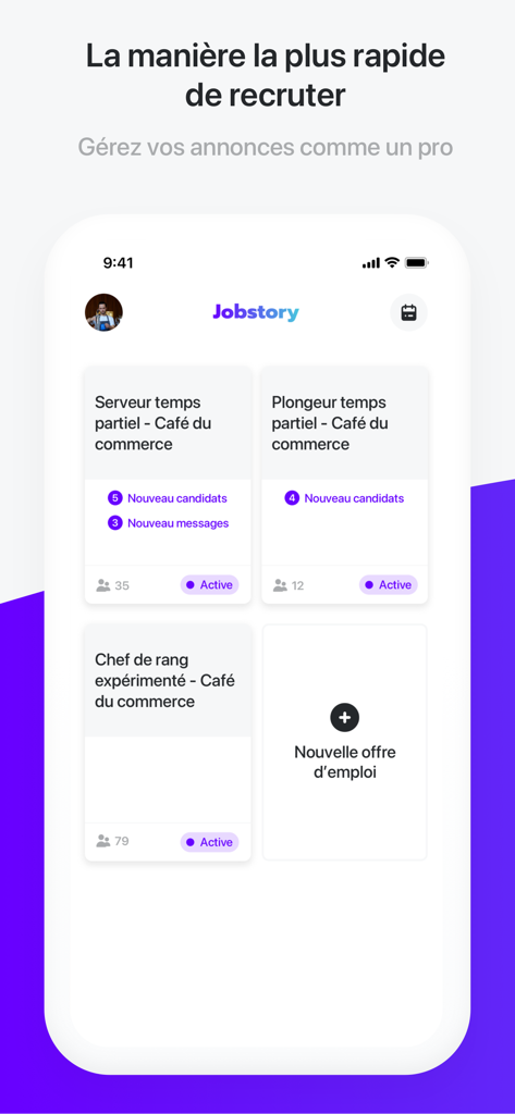 Jobstory - Recruiter dashboard in the Jobstory app showing active job listings for service industry positions with candidate and message notifications