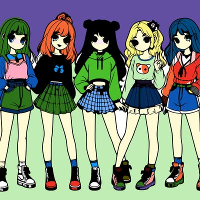group of realistic girls in cute outfits