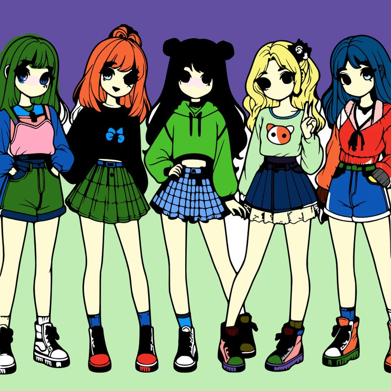 group of realistic girls in cute outfits