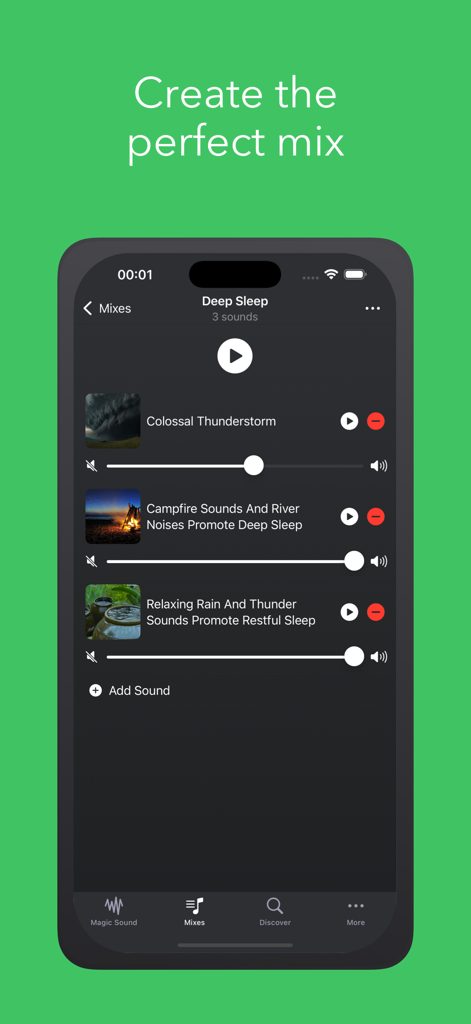Magic Sound Pro app interface showing a custom audio mix for deep sleep with individual sound volume controls