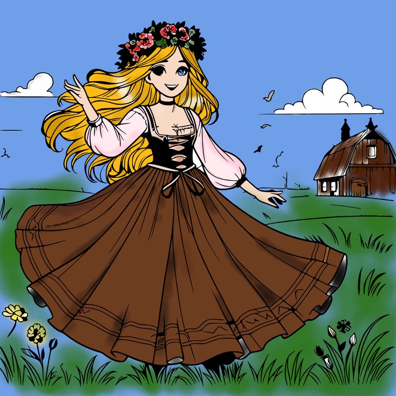 realistic medieval girl dancing in a field with a flower crown and long dress