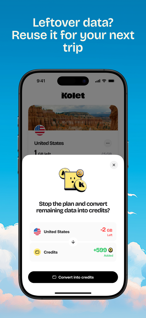 Kolet app interface showing how to convert unused travel data into credits for future trips