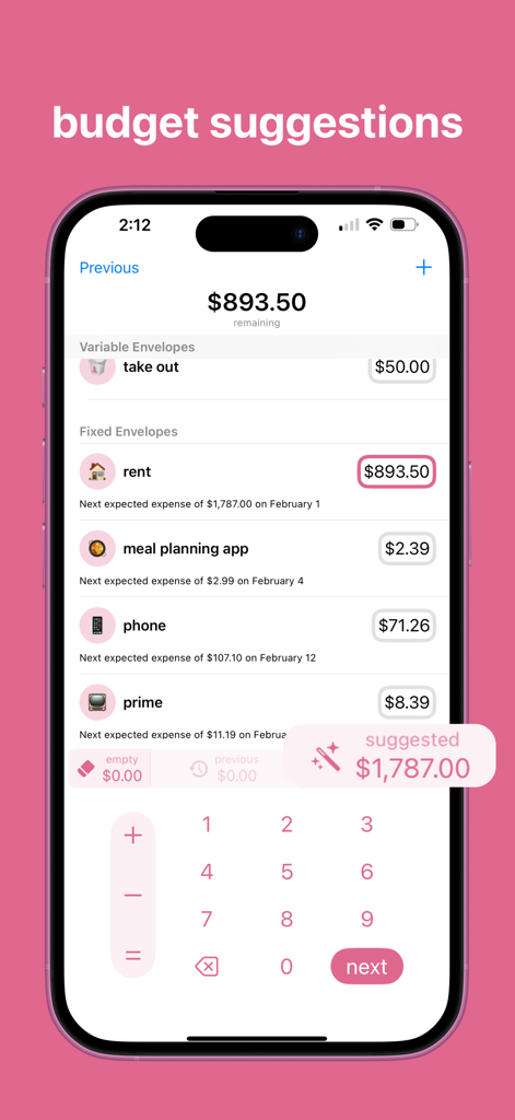 Budget Bestie 앱 인터페이스에 디지털 캐시 스터핑 방식을 사용하여 임대료 및 테이크아웃과 같은 지출에 대한 권장 예산 금액이 표시됨