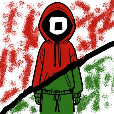 faceless girl in a tracksuit with a hood on and no hair