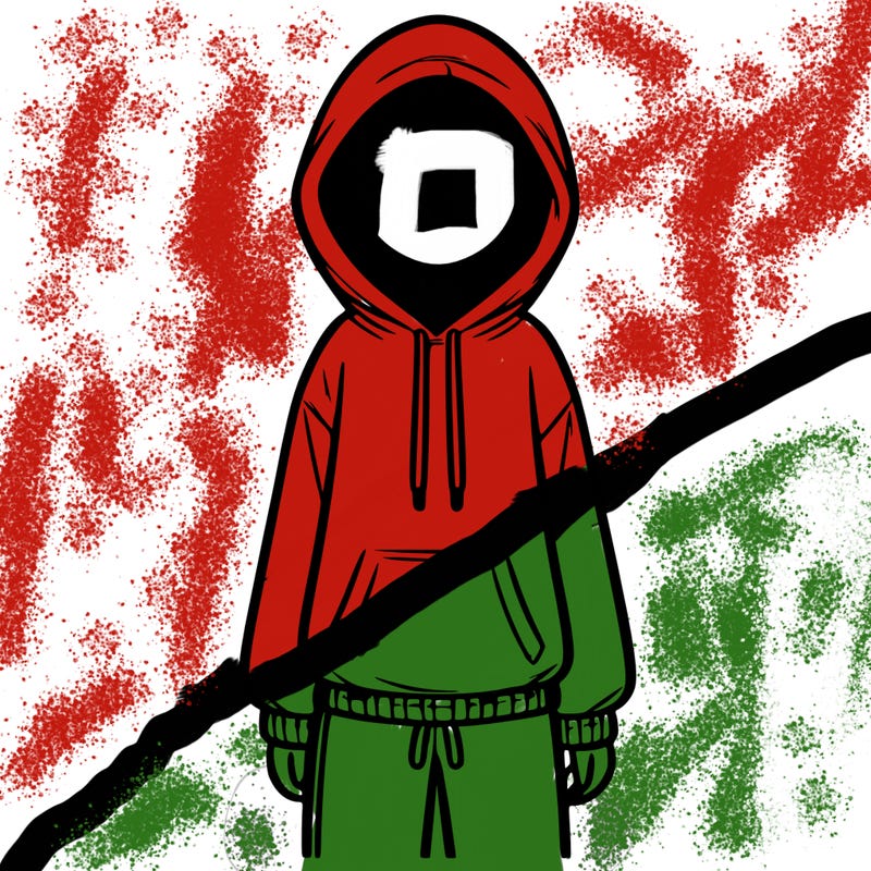 faceless girl in a tracksuit with a hood on and no hair