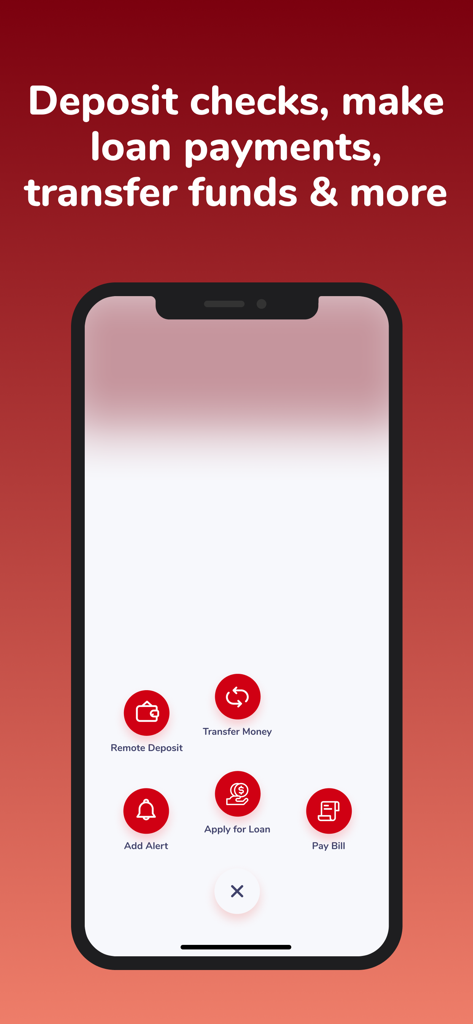 Mobile banking interface for Coca-Cola Credit Union featuring remote deposit and loan application options