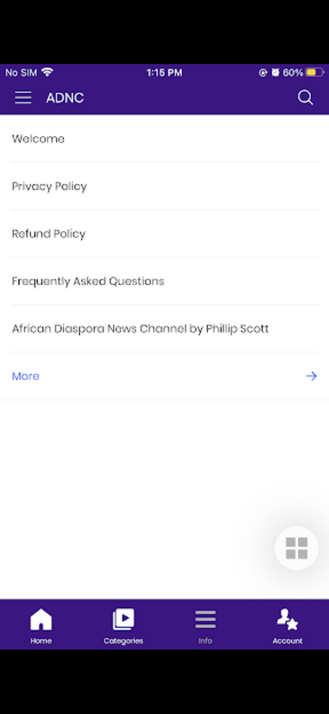 African Diaspora News Channel - Information menu of the African Diaspora News Channel app showing privacy policy and FAQ links