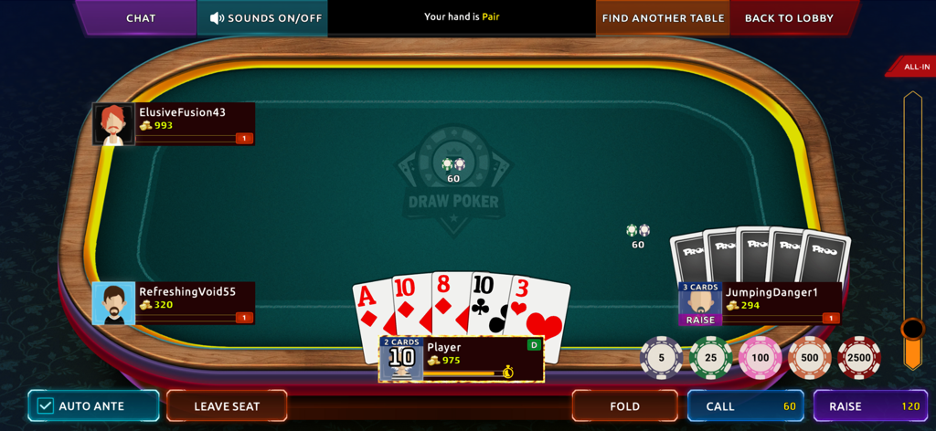 Jugabilidad móvil de Draw Poker Online mostrando una mesa de cartas virtual