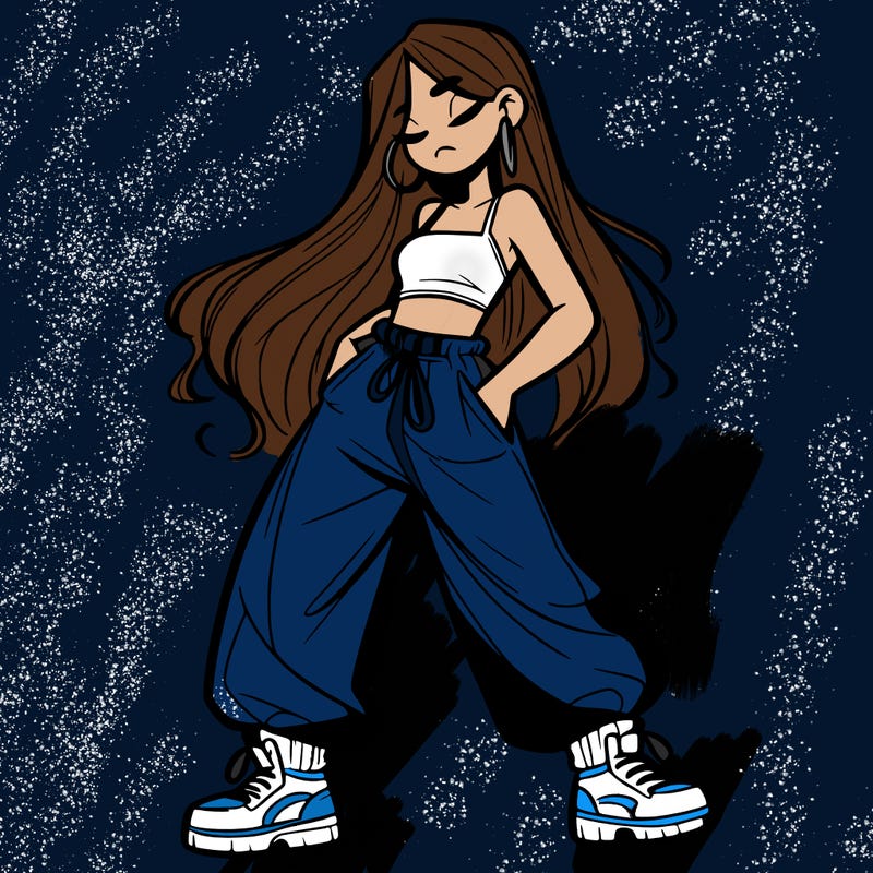 girl in baggy pants crop top and long hair