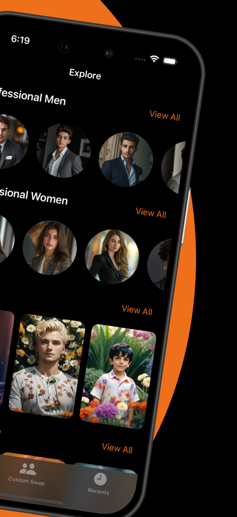 AI Face Swap - Swapli - Pantalla de exploración de la aplicación Swapli que muestra varias plantillas de retratos de intercambio de rostros con IA.