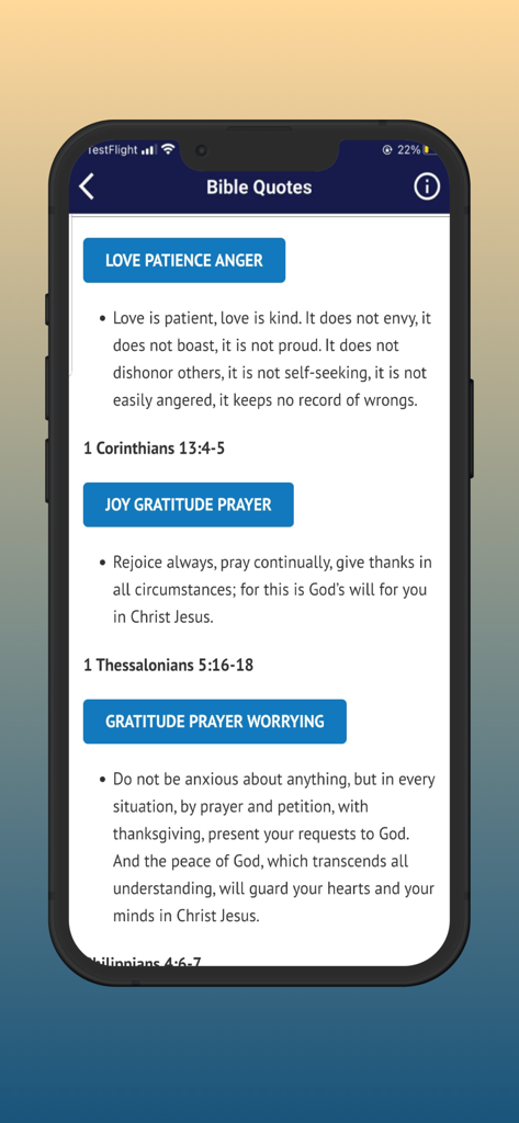 Bible: with study tools - A list of bible quotes organized by themes like love and gratitude on the Bible study tools app.