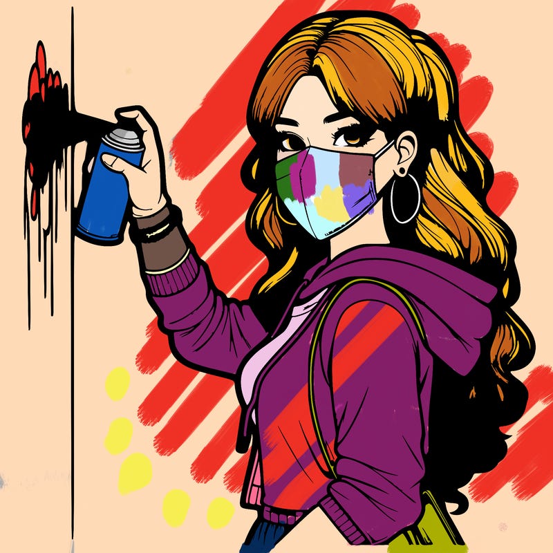 realistic girl with mask spray painting a wall