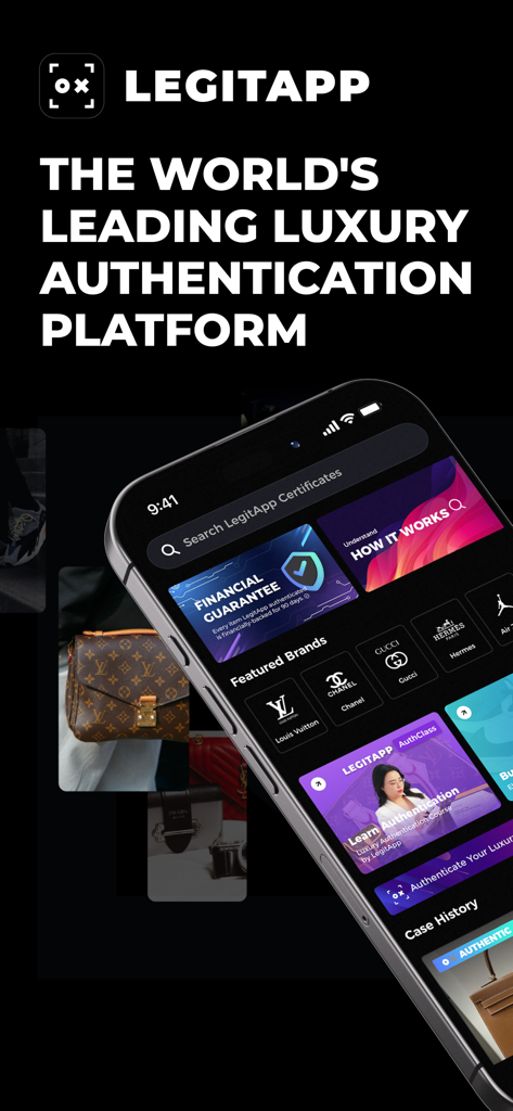 LegitApp Authentication - LegitApp mobile app interface displaying luxury brand authentication services for Louis Vuitton, Chanel, and Gucci with a financial guarantee.