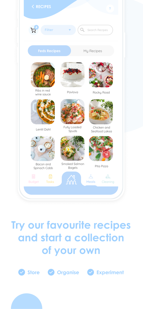 Picketアプリのレシピセクションのスクリーンショット。デジタルレシピ保存と家事管理のためのミールプランニングオプションが表示されています。