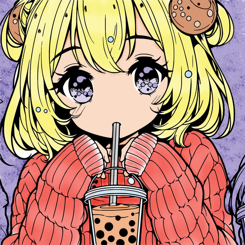 manga girl drinking boba in cozy sweater