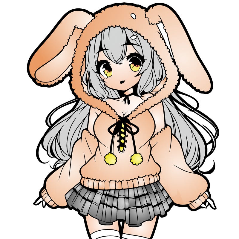 pretty anime girl wearing a fluffy hoodie with bunny ears on the hood and a skirt
