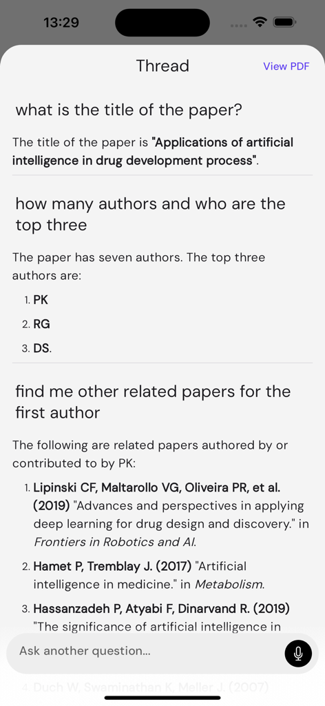 Meddit AI interface answering questions about medical research papers and authors