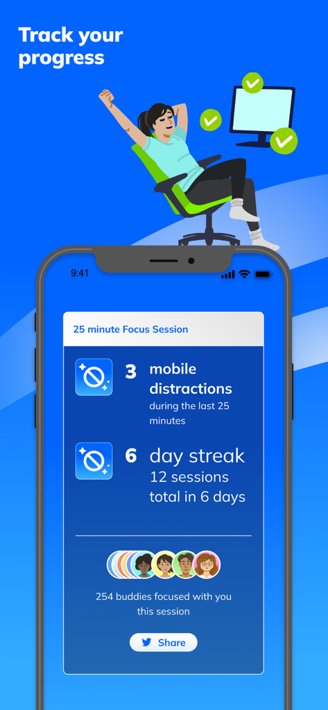 RescueTime - RescueTime app interface showing a 25 minute focus session summary with distraction counts and daily streak information