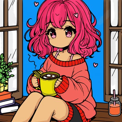 cute anime girl reading book and drinking hot chocolate from mug with loose wavy hair wearing a baggy sweatshirt and shorts sitting by windowsill looking out