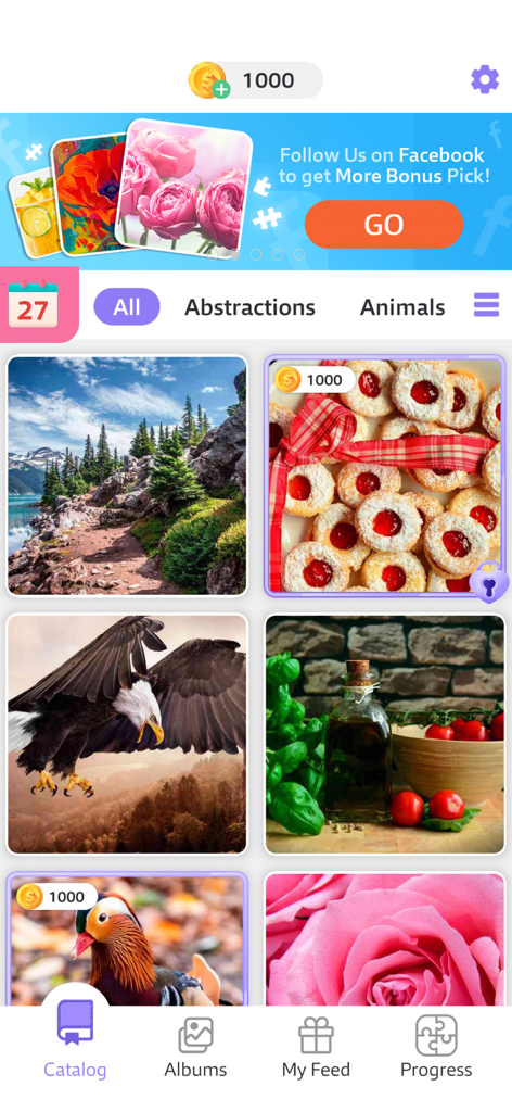 Écran du catalogue de l'application de puzzles montrant les catégories et diverses images de puzzles comme des paysages, des animaux et de la nourriture