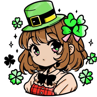 a manga-style girl with clovers around her, a little hat in her hair, like it's saint patrick's day