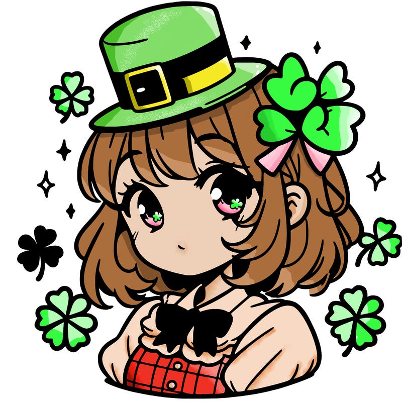 a manga-style girl with clovers around her, a little hat in her hair, like it's saint patrick's day