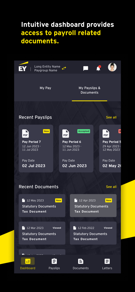 EY Interact Payroll - Mobile app dashboard for EY Interact Payroll showing lists of recent payslips and tax documents