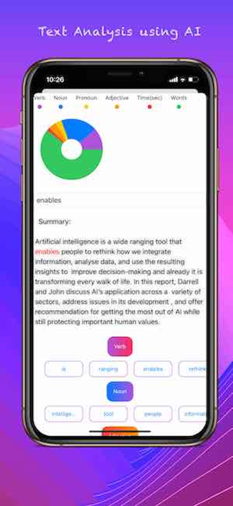 AI text analysis screen showing a linguistic breakdown of parts of speech with a donut chart.