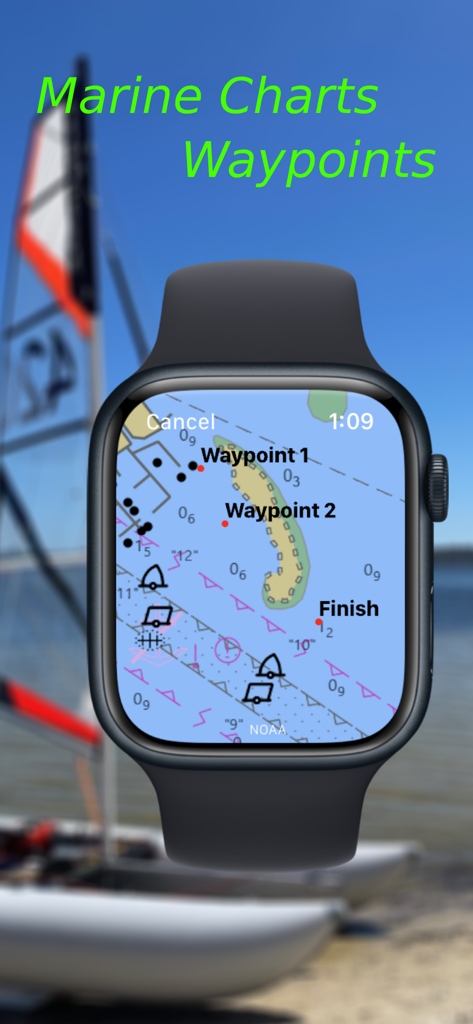 Watch Wayfinder - App Watch Wayfinder che mostra una dettagliata carta nautica e waypoint di navigazione su un Apple Watch