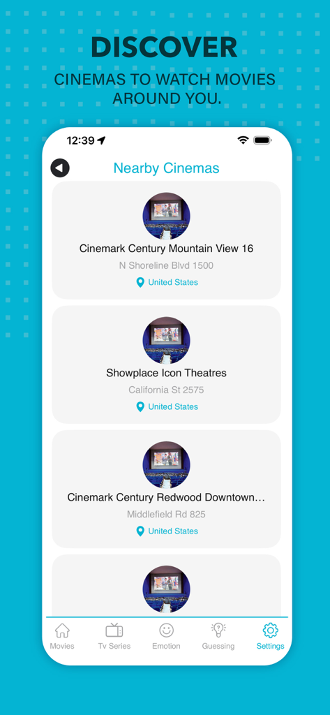 Mobile app interface showing nearby movie theater locations in the MyFlixer app.