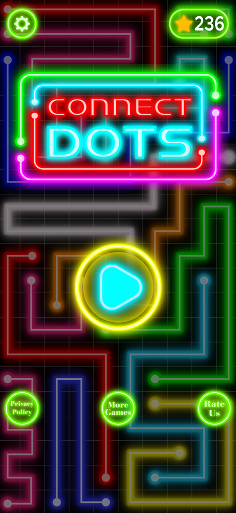 Menú principal del juego de puzles Connect The Dots Color Dots con líneas de neón brillantes y un gran botón de reproducción