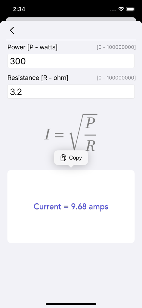 Ohm Law Calculator - Pantalla de la aplicación Calculadora Ley de Ohm mostrando un cálculo de corriente eléctrica en amperios basado en potencia y resistencia