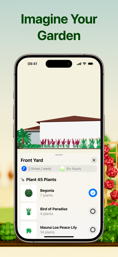 Flourish Garden - iPhone screen showing a garden design for a front yard with plant selection and care requirements.