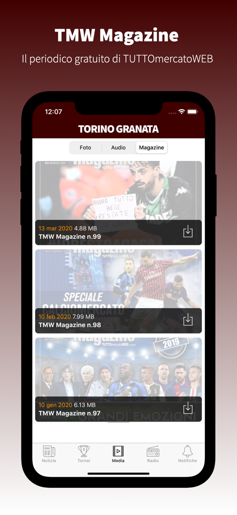 TorinoGranata.it - Interfaccia dell'app TorinoGranata che mostra l'archivio digitale della TMW Magazine da scaricare.
