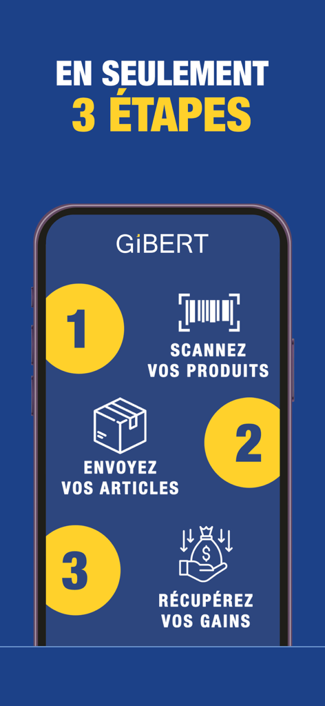 Three simple steps to sell items on the Gibert app: scan products, send articles, and receive gains