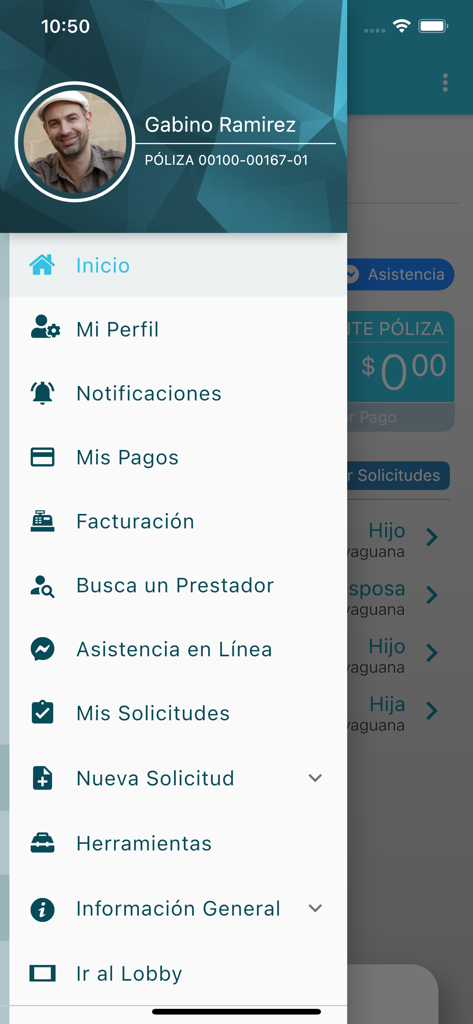 ARS Renacer - Menú de navegación lateral de la aplicación móvil ARS Renacer que muestra opciones de cuenta y servicios de seguro médico