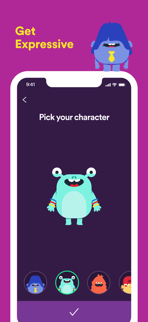 Spotify Kids - Spotify Kids app interface showing the pick your character screen with colorful monster avatars