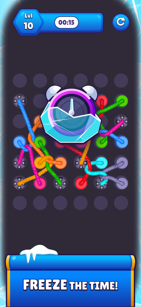 Tangle Masters | گره باز - Screenshot of Tangle Masters gameplay showing a freeze time power up with colorful 3D ropes.