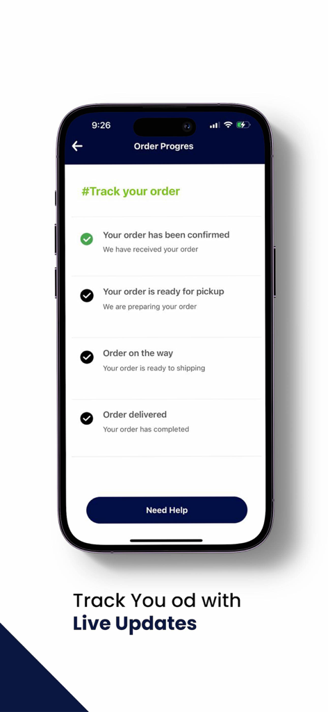 Interface of the Geenyo app showing the order progress screen with status updates from confirmation to delivery.
