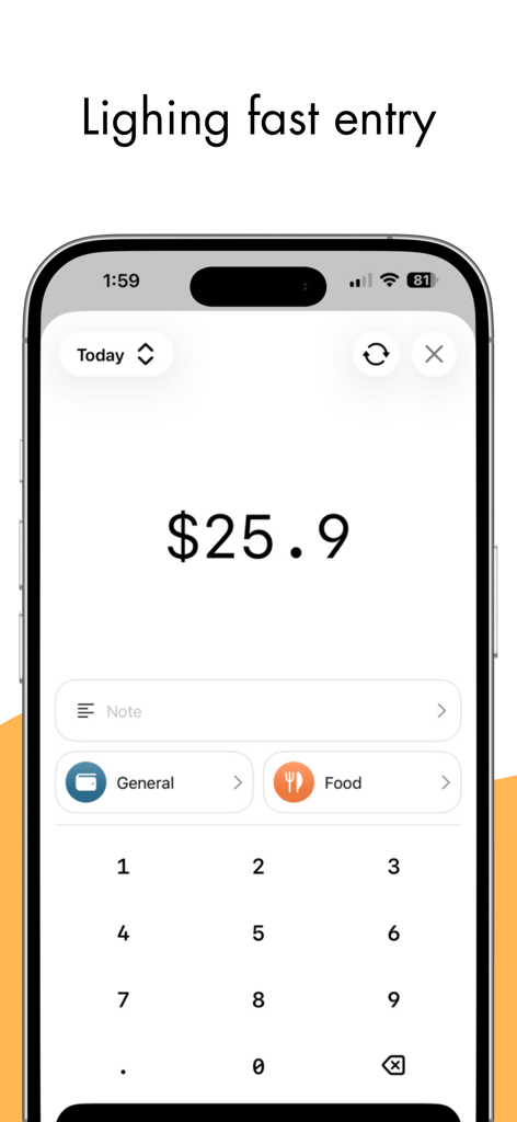 Dimewise: Track & Budget - A minimalist mobile app screen for Dimewise showing a fast expense entry interface with a numeric keypad for a 25.90 dollar food transaction