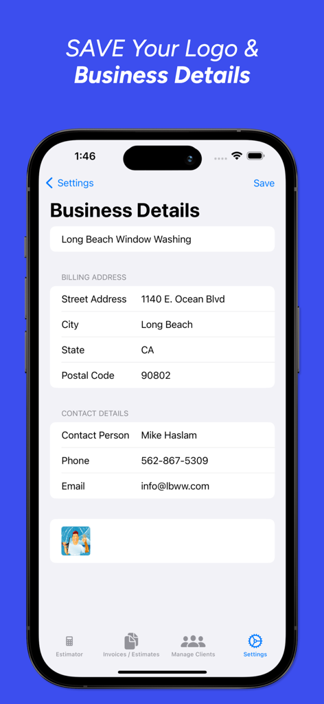 Business details settings screen for a window cleaning company showing contact information and logo upload.