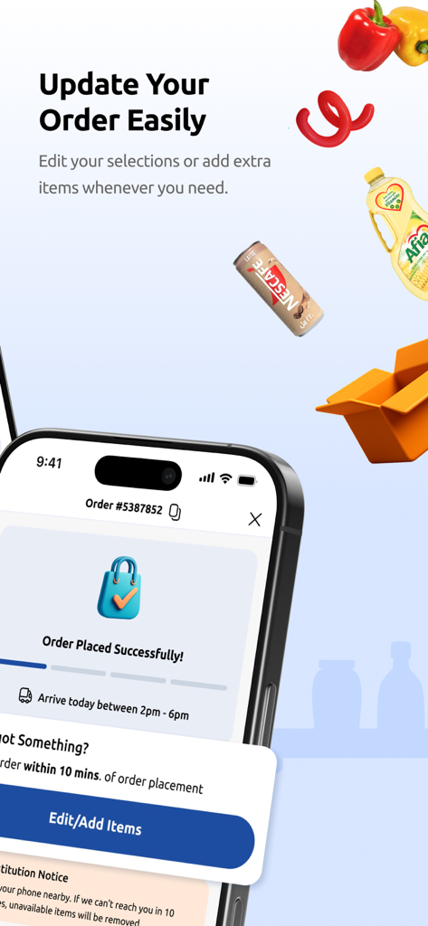 Hyperone - Mobile screen of the Hyperone app showing the option to edit or add items to a successfully placed grocery order.
