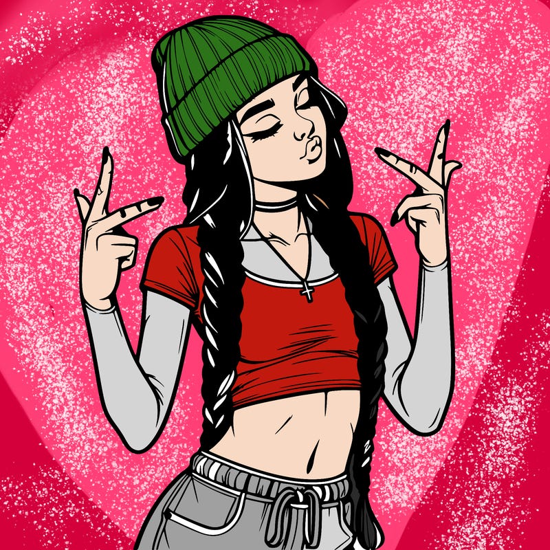 realistic teenage girl with braids and a beanie and crop top doing 🫶🏼